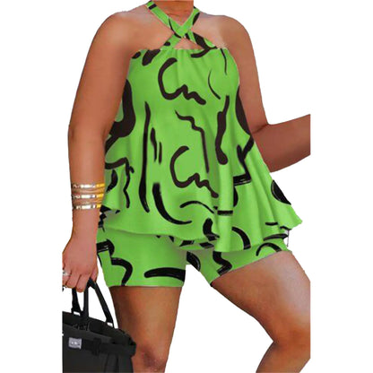 Plus Size Women's Graffiti Print Halter Top & Shorts Set