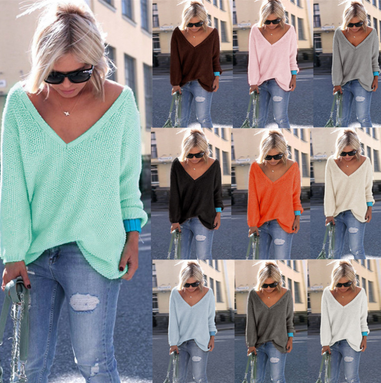 V-Neck Solid Color Sweater for Women