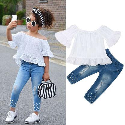 Girls' Ruffle Sleeve Off-Shoulder Top and Denim Pants