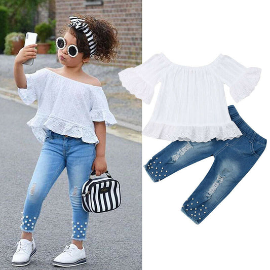 Girls' Ruffle Sleeve Off-Shoulder Top and Denim Pants