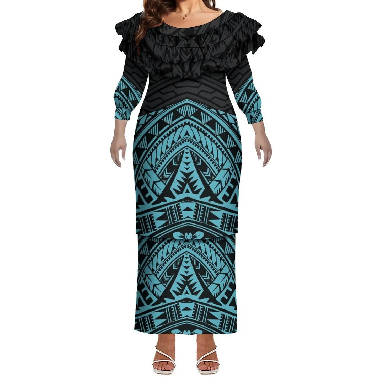 Plus Size Women Hawaiian Print Full Sleeve Long Dress