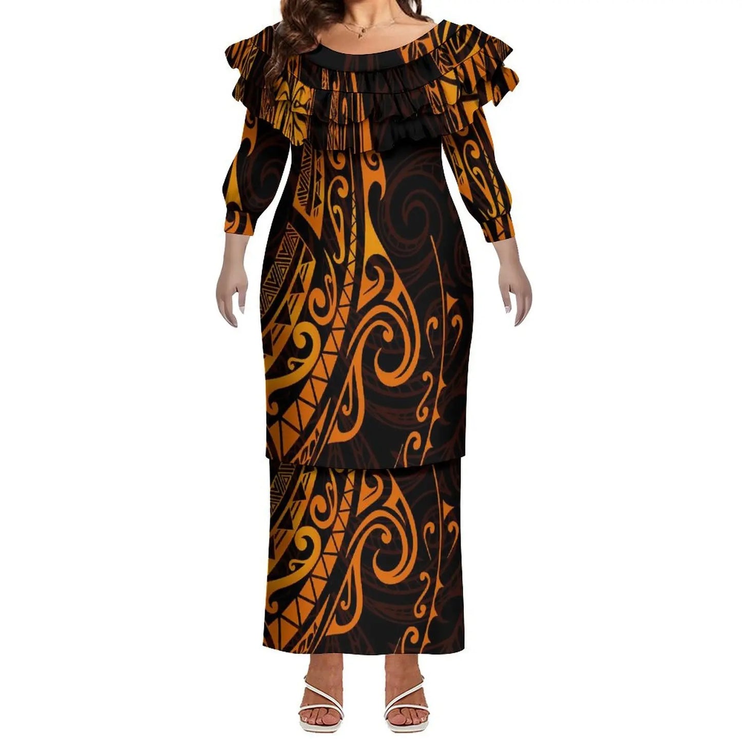 Plus Size Women Hawaiian Print Full Sleeve Long Dress