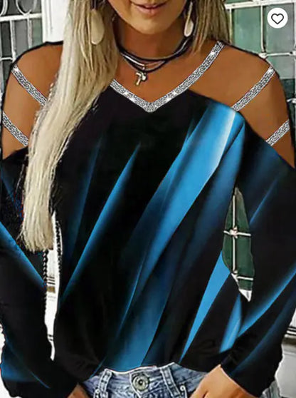 V-Neck Printed Long Sleeve Casual Top for Women