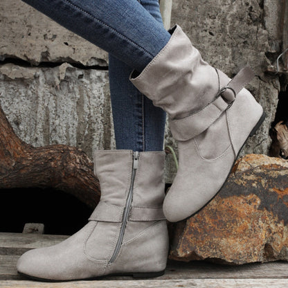 Ankle Boots  Round Toe Buckle Belt Side Zipper Boots
