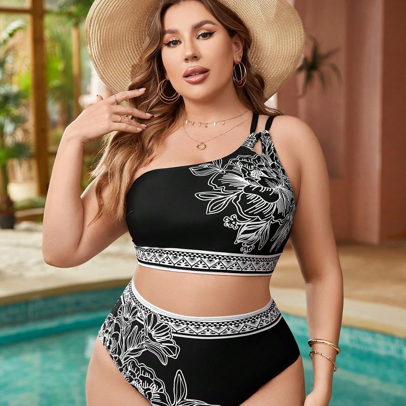 Plus Size One Shoulder Printed Bikini Set