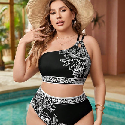 Plus Size One Shoulder Printed Bikini Set