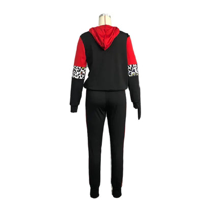 Plus Size Leopard Long Sleeve Hooded Tracksuit Set