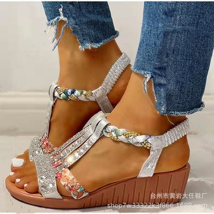 Women's Bohemian High-Heeled Sandals with Rhinestones