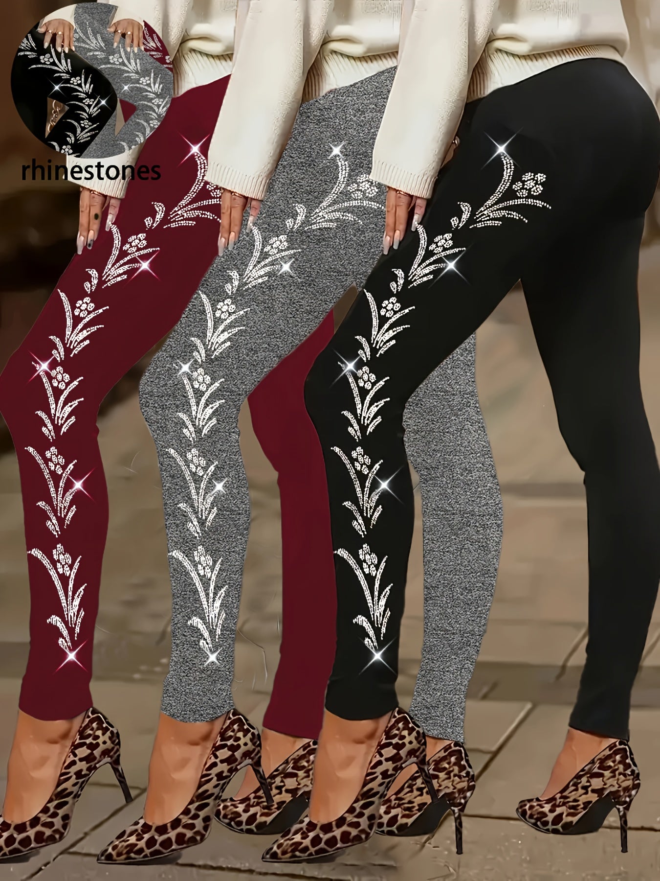 Plus Size Rhinestone Pattern Leggings
