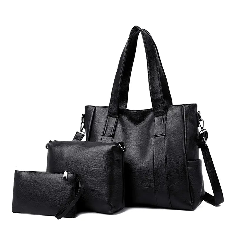Classic Solid Color Faux Leather Bag Set (Large Capacity)