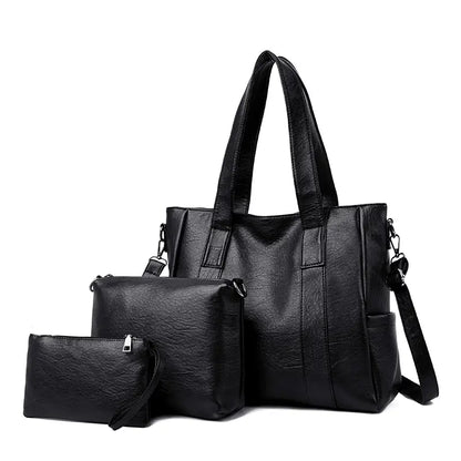 Classic Solid Color Faux Leather Bag Set (Large Capacity)