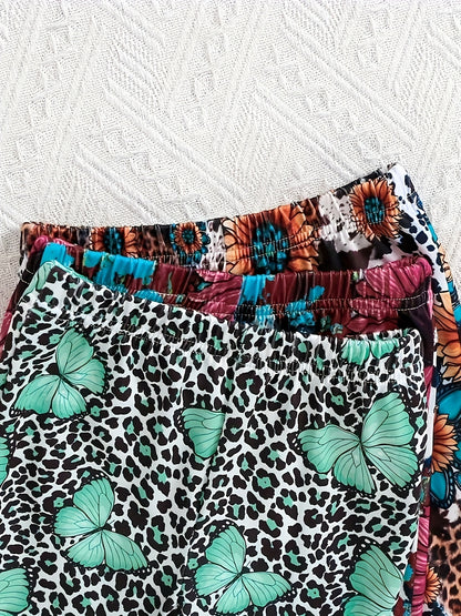 Floral Leopard Print Butterfly 'LOVE' Letter Graphic Short-Sleeve T-Shirt and Flared Long Pants