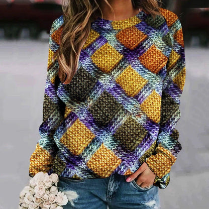 Printed Patchwork Round Neck Women's Long Sleeve Sweater
