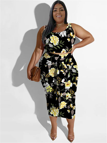 Plus Size Dress Sets Floral Printed Two Piece Set Crop Top