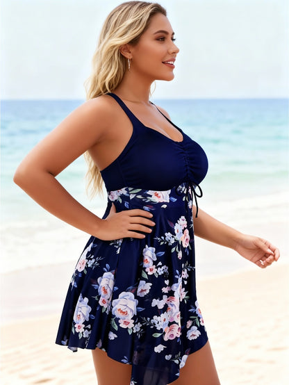 Navy Blue Floral One-Piece Swimsuit Large Size