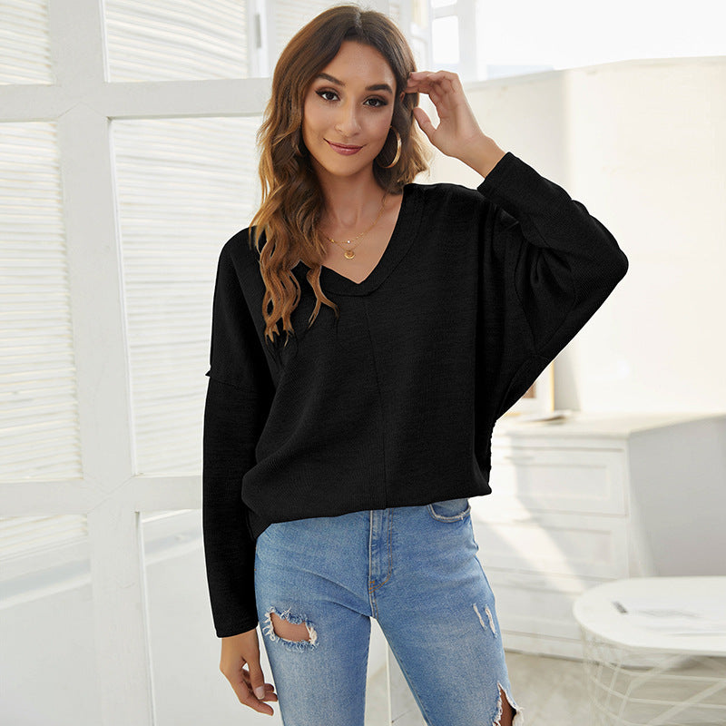 Loose V-Neck Padded Sweater with Drop Shoulder Design
