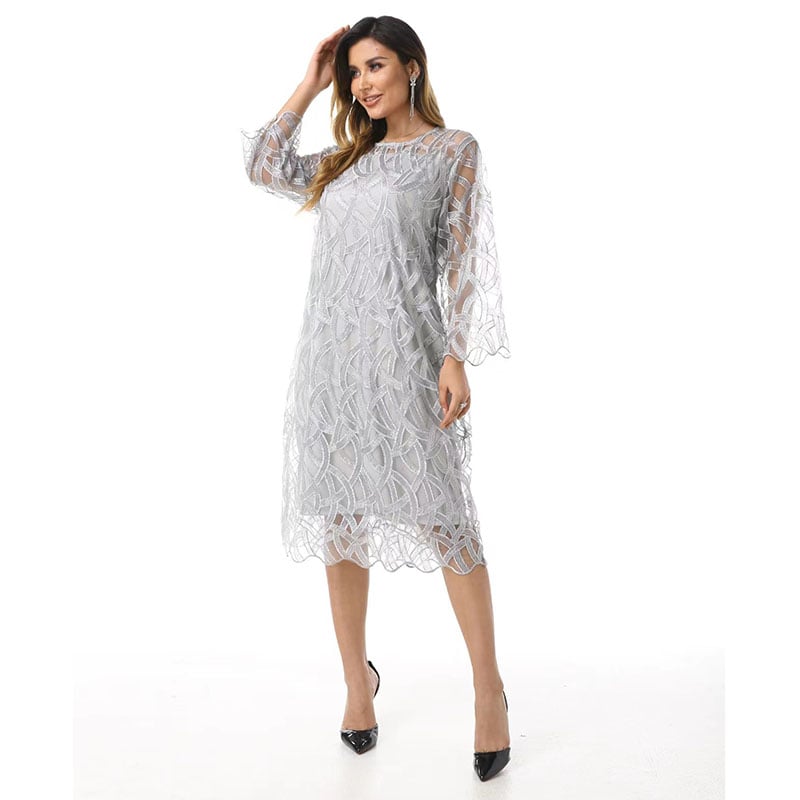 Embroidered Plus Size Double-Layer Round Neck Dress