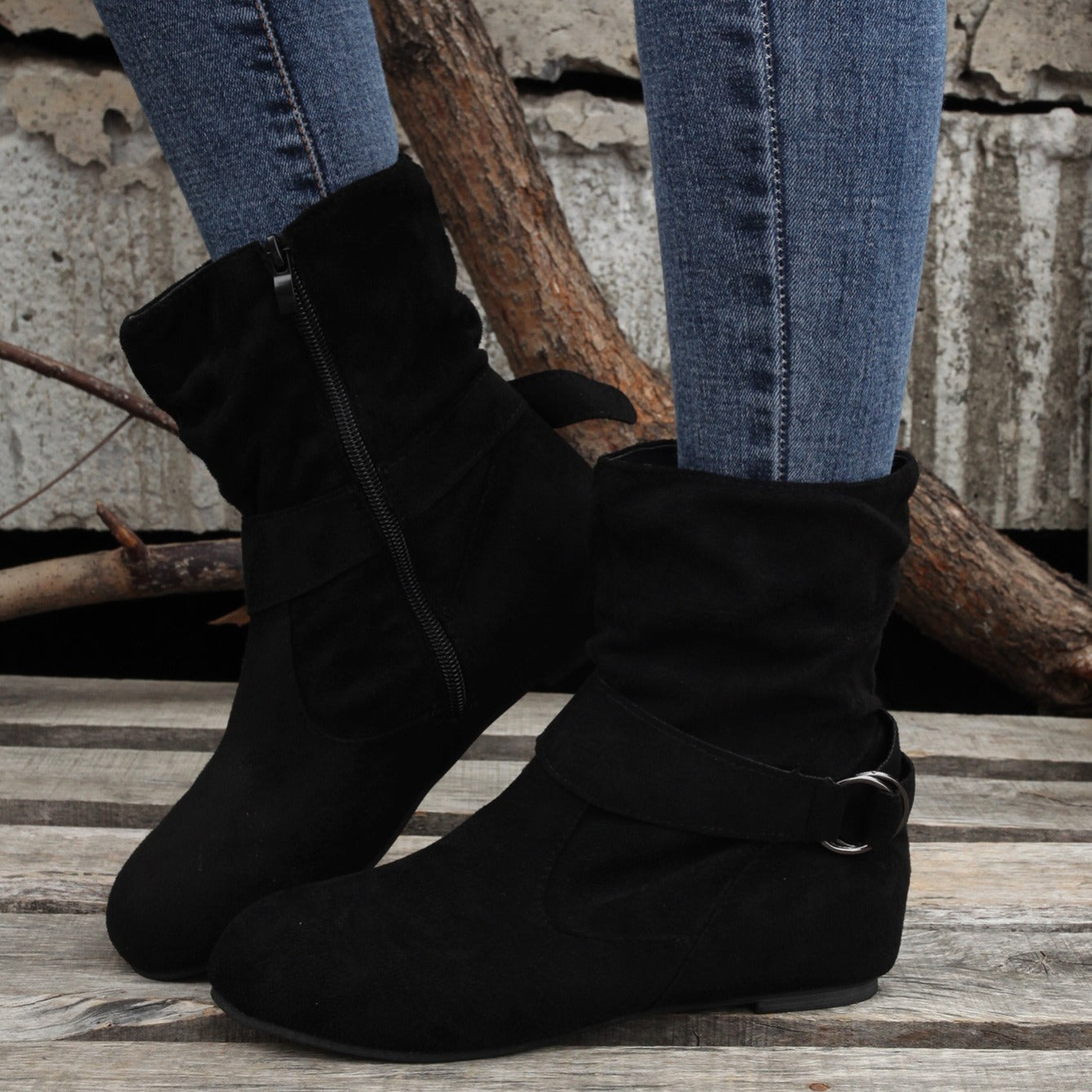 Ankle Boots  Round Toe Buckle Belt Side Zipper Boots