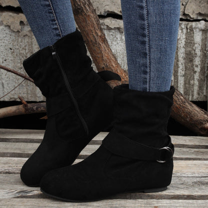 Ankle Boots  Round Toe Buckle Belt Side Zipper Boots