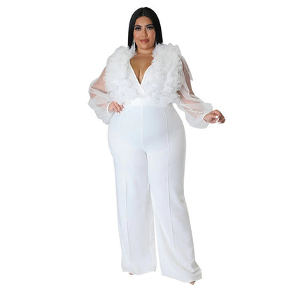 Plus Size Mesh Jumpsuit with Ruffles and Deep V Neck
