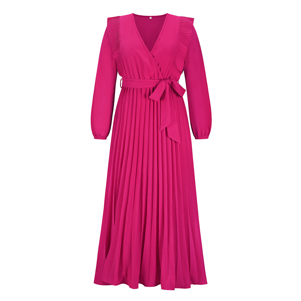 Autumn Winter Women's V-Neck Pleated Dress