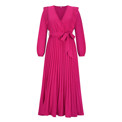 Autumn Winter Women's V-Neck Pleated Dress