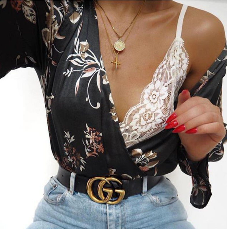 Floral Print Deep V-Neck Long Sleeve T-Shirt