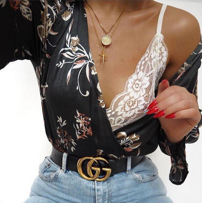 Floral Print Deep V-Neck Long Sleeve T-Shirt