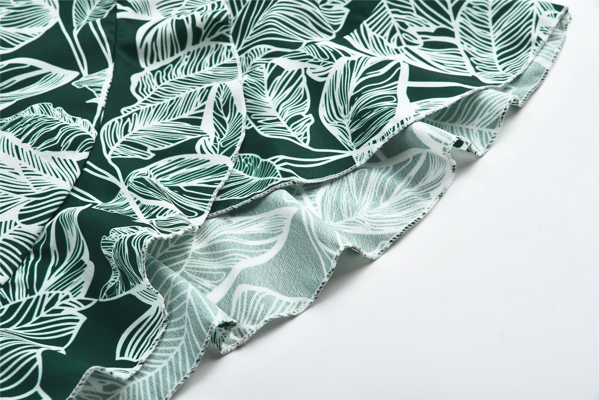 Leaf Print Cami Chiffon Dress - Irregular Short Skirt