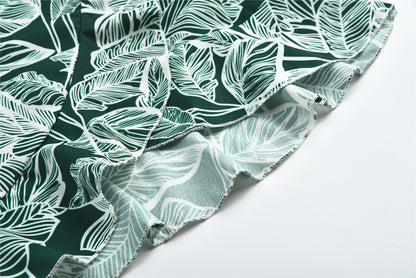 Leaf Print Cami Chiffon Dress - Irregular Short Skirt