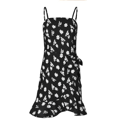 Leaf Print Cami Chiffon Dress - Irregular Short Skirt