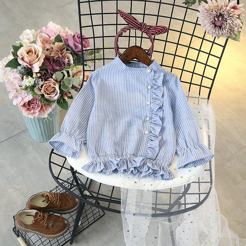 Girls' Long Sleeve Shirt with Ruffle Trim and Collar