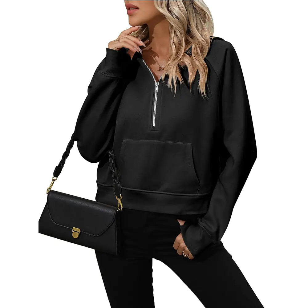 Chic Women's Fleece Half Zip Hooded Pullover Sweatshirt