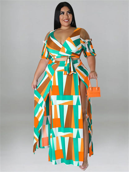 Plus Size Dress Sets Two Piece V Neck Printed Crop Top Big Swing Skirts