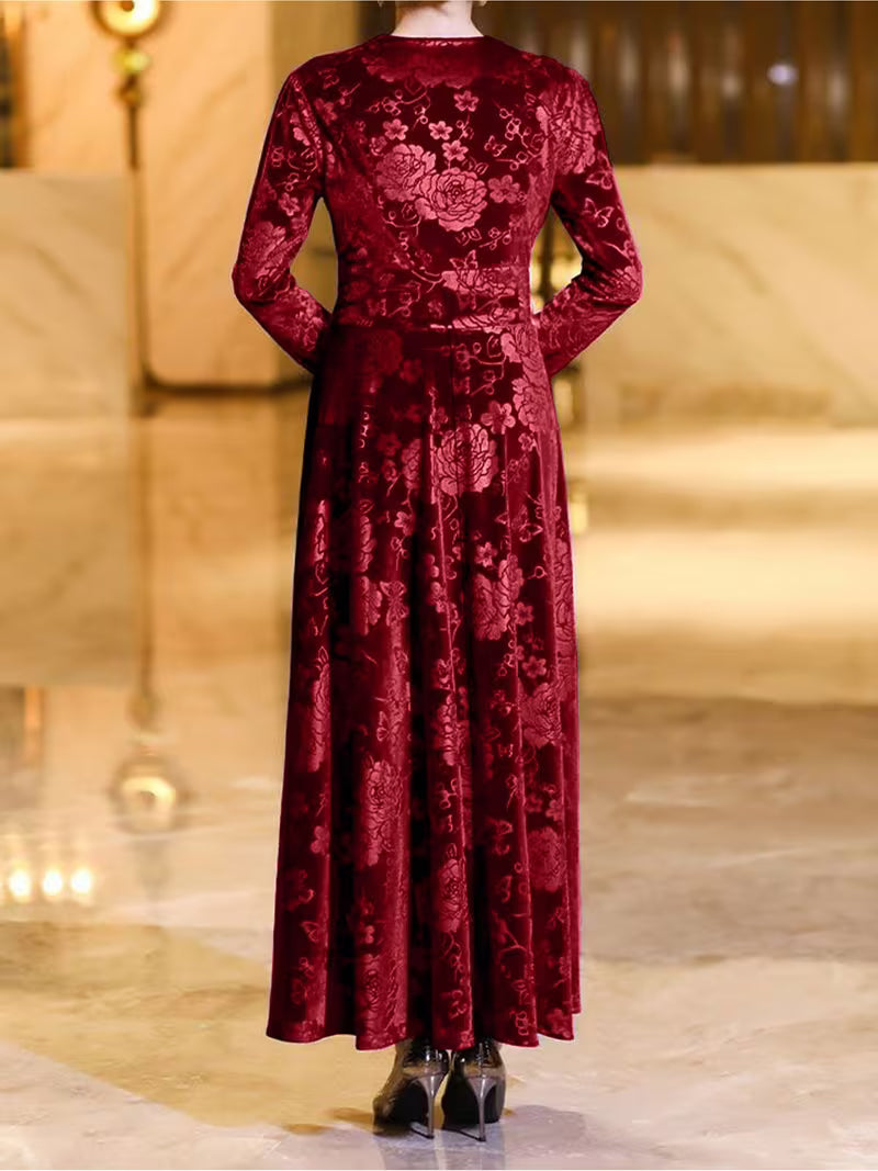 Elegant  Floral Plus Size V-neck Long Sleeve Formal Gown