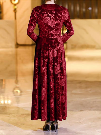 Elegant  Floral Plus Size V-neck Long Sleeve Formal Gown