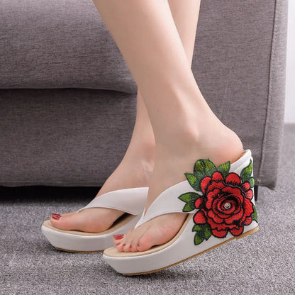 Embroidered Floral Platform Roman Wedge Sandals