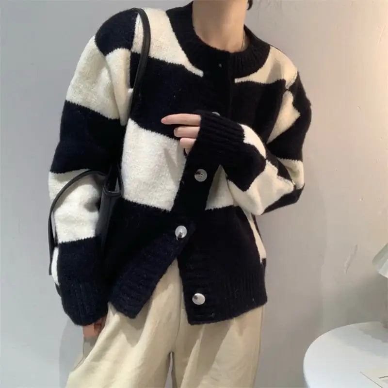 Loose Checkered Sweater Coat for Women