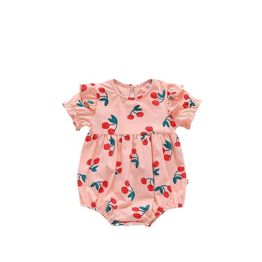Cherry Print Cotton Long Sleeve Romper for Baby Girls