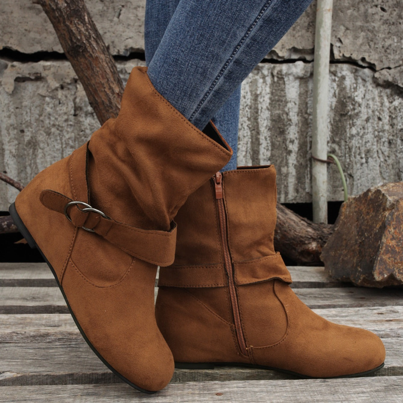 Ankle Boots  Round Toe Buckle Belt Side Zipper Boots