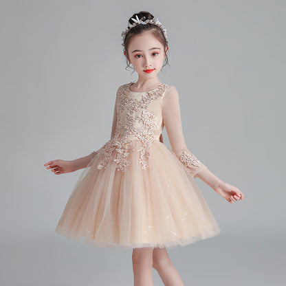 Champagne Girl's Puffy Catwalk Gown with Long Sleeves