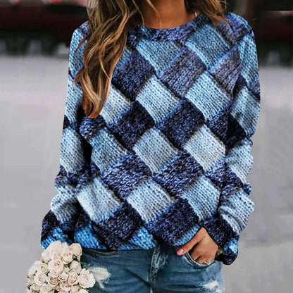 Printed Patchwork Round Neck Women's Long Sleeve Sweater