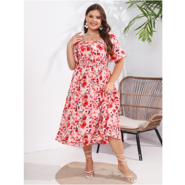 Plus Size Women's Floral Square Neck Tea Dress