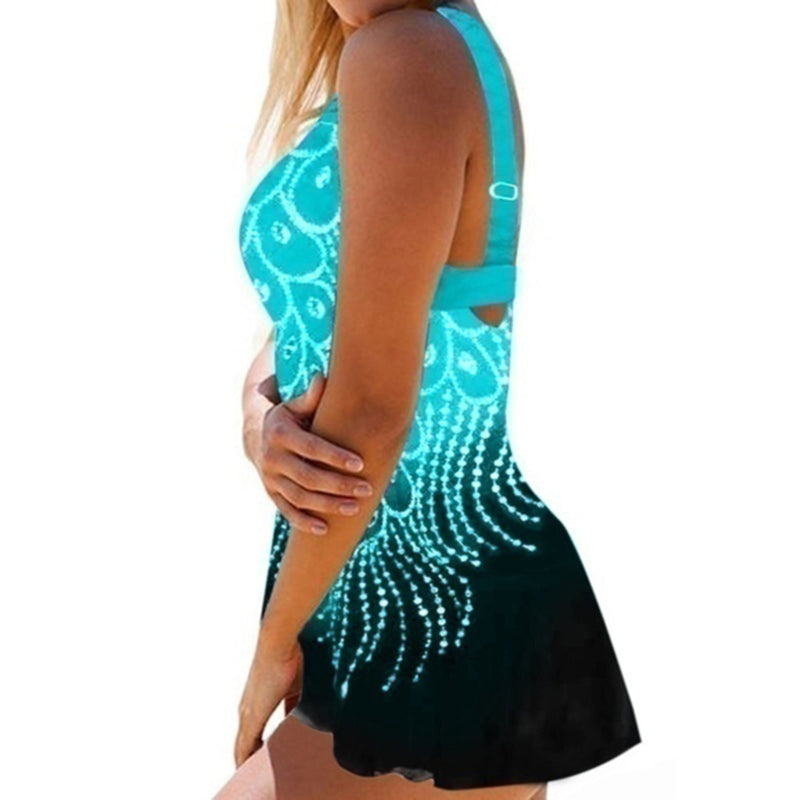 Plus Size Women's High Waist Feather Print Swimwear