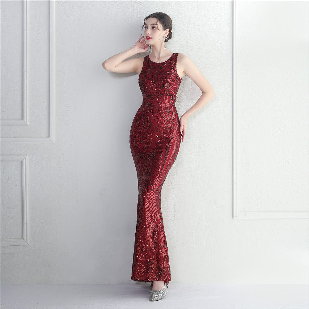 Long Sequin Evening Dress with Backless Design