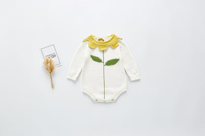 Leaf Collar Knit Long Sleeve Jumpsuit for Baby Girls