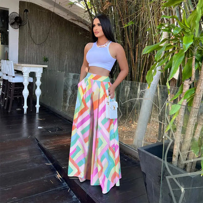 Plus Size Geometric Print Wide Leg High Rise Pants