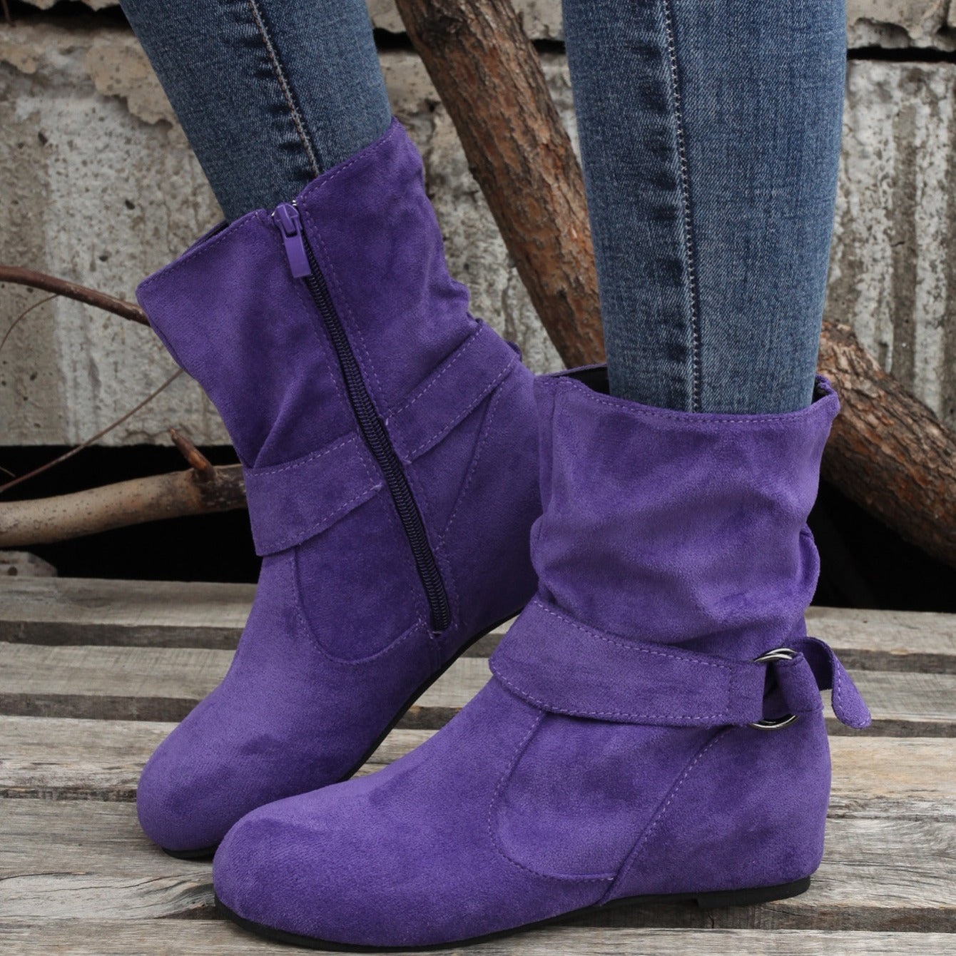 Ankle Boots  Round Toe Buckle Belt Side Zipper Boots