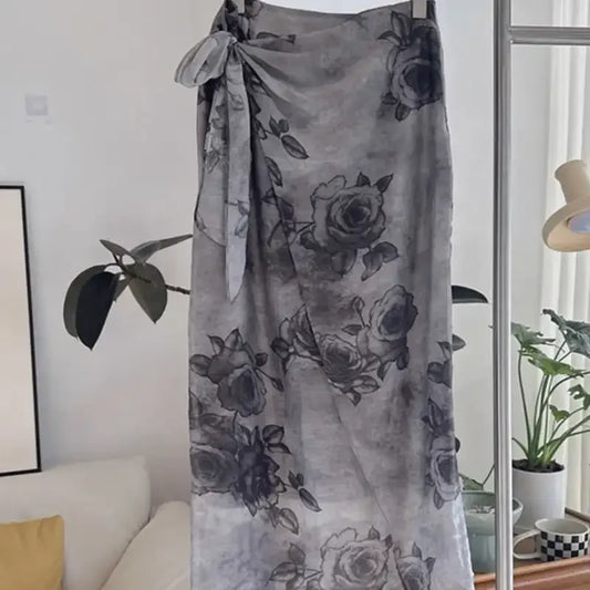 Chinese Style Ink Printed Irregular Lace Up  Women's Skirt with Wrapped Buttocks