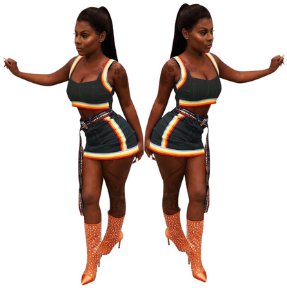 Colorful Striped Denim Skirt and Casual Two-Piece Set